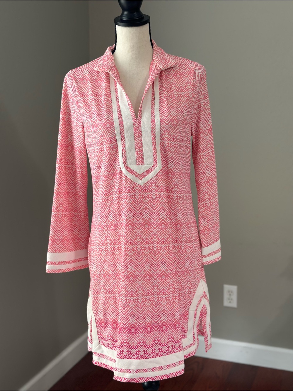 Cabana Life Pink Patterned Midi Tunic with White Trim